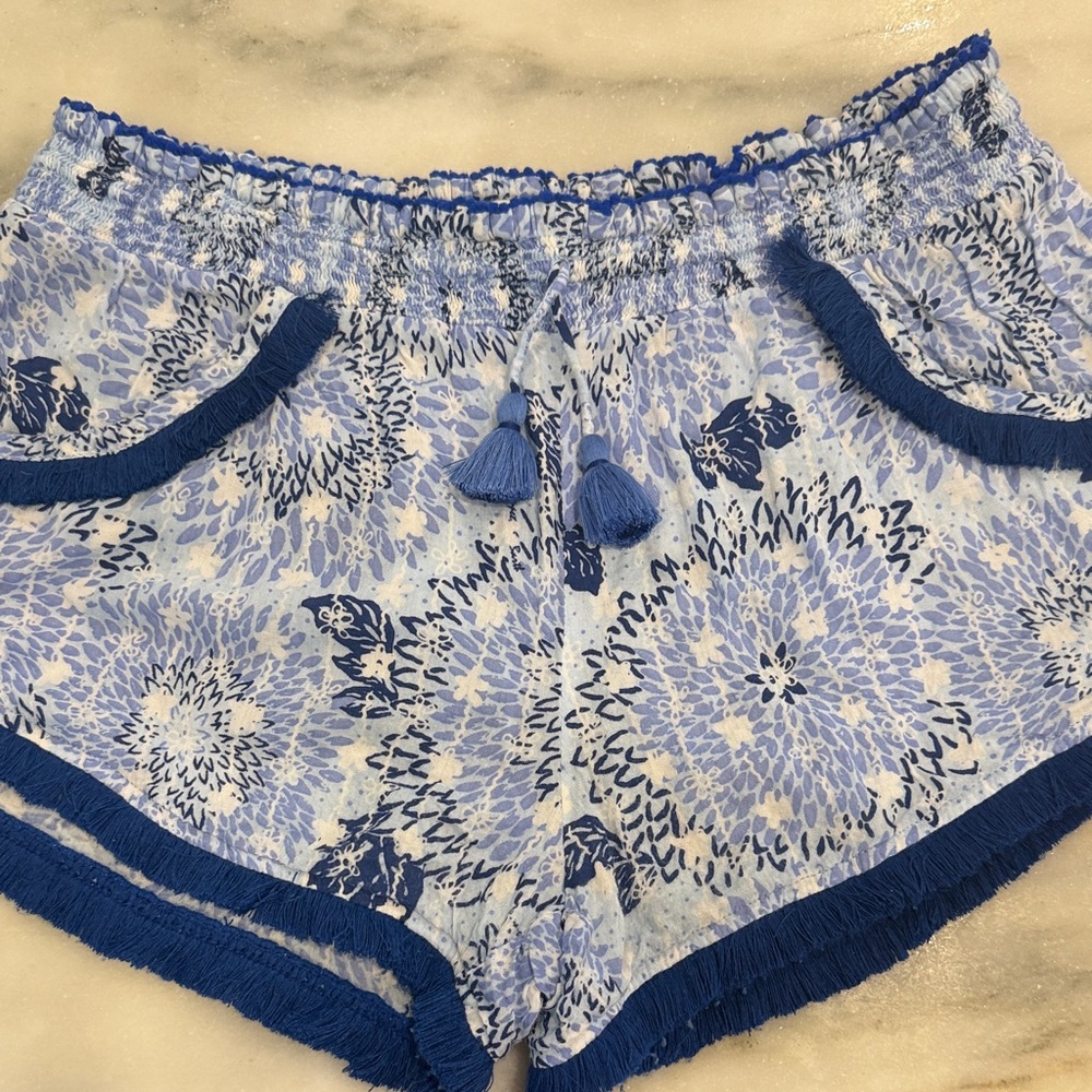 Poupette St. Barth Light and Navy Blue Floral Tassel Shorts medium